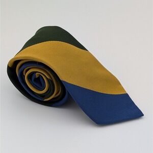 VTG Dacron Polyester Striped Tie Gold Blue Green Regimental MCM 52.5x2.75"